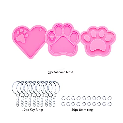 AMZTOART 3pc Glossy Resin Silicone Paw Print Molds DIY Making Keychain, Heart with Paw Cutout Epoxy Mold with 10PC Key Ring(DY0129+DY0292+DY0404) - Image 2