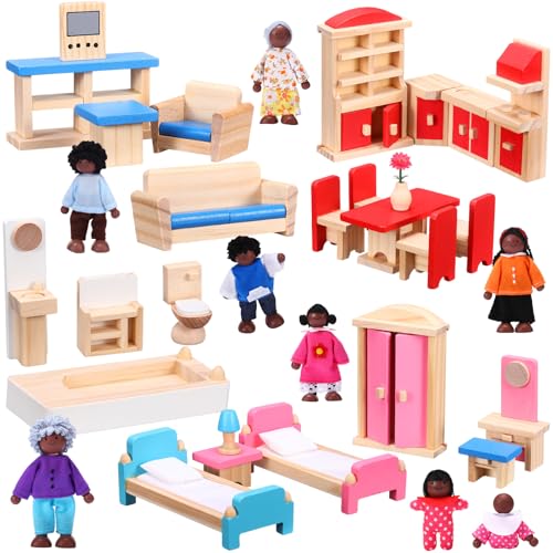 Sumind Wooden Dollhouse Furniture Set with Family Figures Dolls 43 Pcs Imaginative Play Accessories for Kids Fits Most 112 Dollhouses 1inch Scale Birthday AfricanAmerican Dolls - Image 1