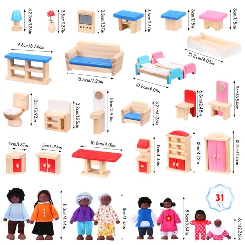 Sumind Wooden Dollhouse Furniture Set with Family Figures Dolls 43 Pcs Imaginative Play Accessories for Kids Fits Most 112 Dollhouses 1inch Scale Birthday AfricanAmerican Dolls - Image 5