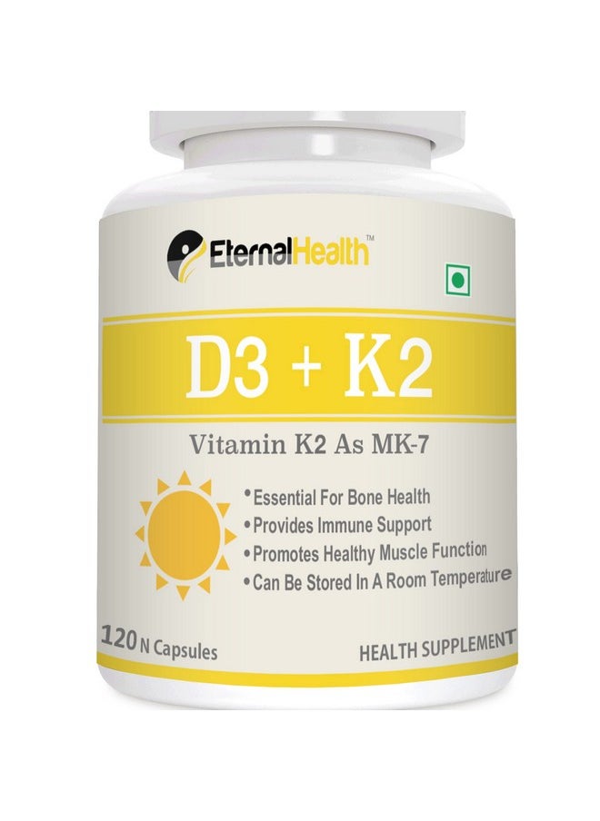 EternalHealth Vitamin D3 With K2 As Mk-7 - Vitamin D & K Complex - Vitamin D3 & K2 As Mk-7 - (120 Vegetable Capsules)  - Image 1