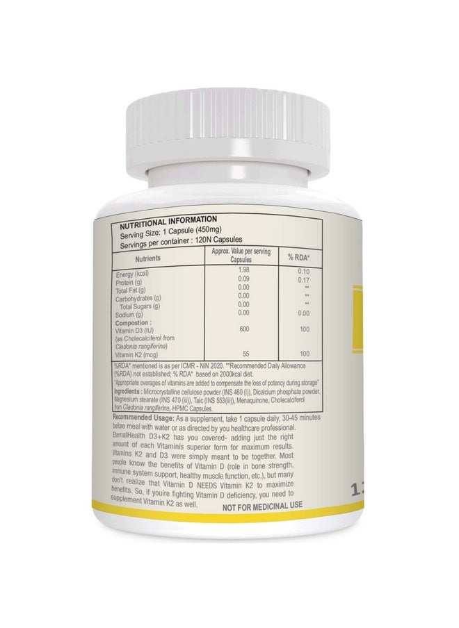 EternalHealth Vitamin D3 With K2 As Mk-7 - Vitamin D & K Complex - Vitamin D3 & K2 As Mk-7 - (120 Vegetable Capsules)  - Image 3