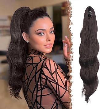 FESHFEN إضافات ذيل الحصان FESHFEN بطول 20 بوصة مع تجعيدات طويلة وملحق مشبك ذيل الحصان الاصطناعي للنساء والفتيات بني داكن - Image 1