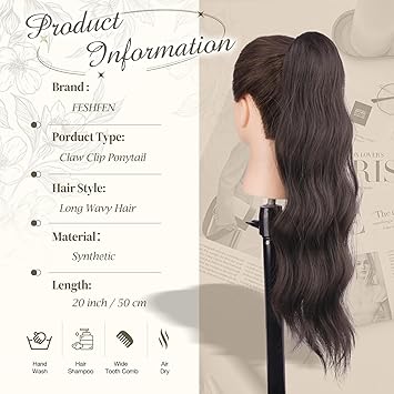 FESHFEN إضافات ذيل الحصان FESHFEN بطول 20 بوصة مع تجعيدات طويلة وملحق مشبك ذيل الحصان الاصطناعي للنساء والفتيات بني داكن - Image 5