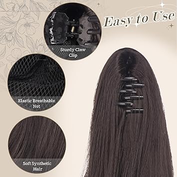 FESHFEN إضافات ذيل الحصان FESHFEN بطول 20 بوصة مع تجعيدات طويلة وملحق مشبك ذيل الحصان الاصطناعي للنساء والفتيات بني داكن - Image 3