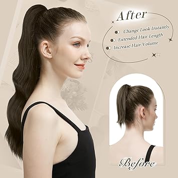 FESHFEN إضافات ذيل الحصان FESHFEN بطول 20 بوصة مع تجعيدات طويلة وملحق مشبك ذيل الحصان الاصطناعي للنساء والفتيات بني داكن - Image 4