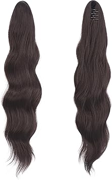 FESHFEN إضافات ذيل الحصان FESHFEN بطول 20 بوصة مع تجعيدات طويلة وملحق مشبك ذيل الحصان الاصطناعي للنساء والفتيات بني داكن - Image 2