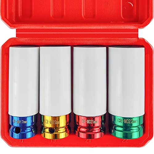 WETT 4Pcs 1/2 Inch Lug Nut Socket Set, Wheel Protector Thin Wall Deep Impact Socket, CR-MO Steel, 6 Point, Metric, 17mm, 19mm, 21mm, 22mm, Plastic Socket Lug Nut - Image 1