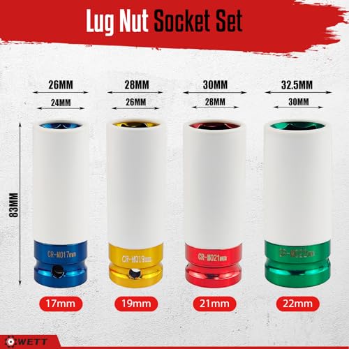 WETT 4Pcs 1/2 Inch Lug Nut Socket Set, Wheel Protector Thin Wall Deep Impact Socket, CR-MO Steel, 6 Point, Metric, 17mm, 19mm, 21mm, 22mm, Plastic Socket Lug Nut - Image 2