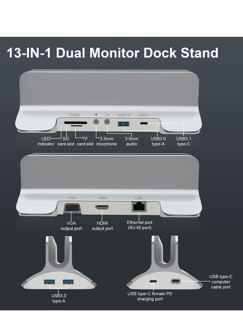 Captaintech 13 in 1 USB C Docking Station, USB C Laptop Docking Station Charging Stand 13 in 1 Docking Station Dual Monitor, VGA, USB C 3.1, USB A 3.0, PD Charging, SD & TF Slot, for MacBook - Image 2