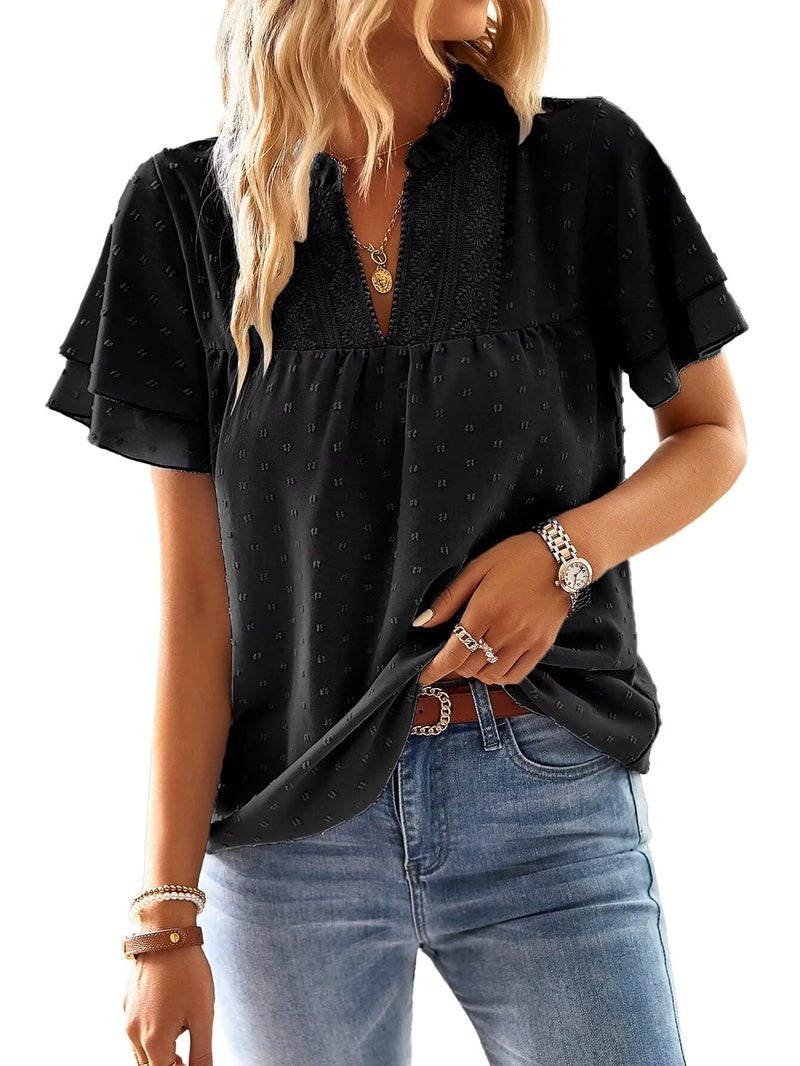 Falechay Plus Size Tops for Women Ruffle Sleeve Womens Blouses V Neck Summer Dressy Casual Flowy Bohemian Shirts Black 2XL - Image 1