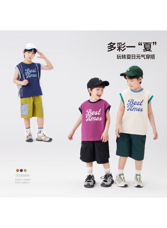 Zuoxi Men's Sleeveless T-shirt For Boys, Color Block Design, 2025 New Summer Stylish Top For Big Kids - Image 5