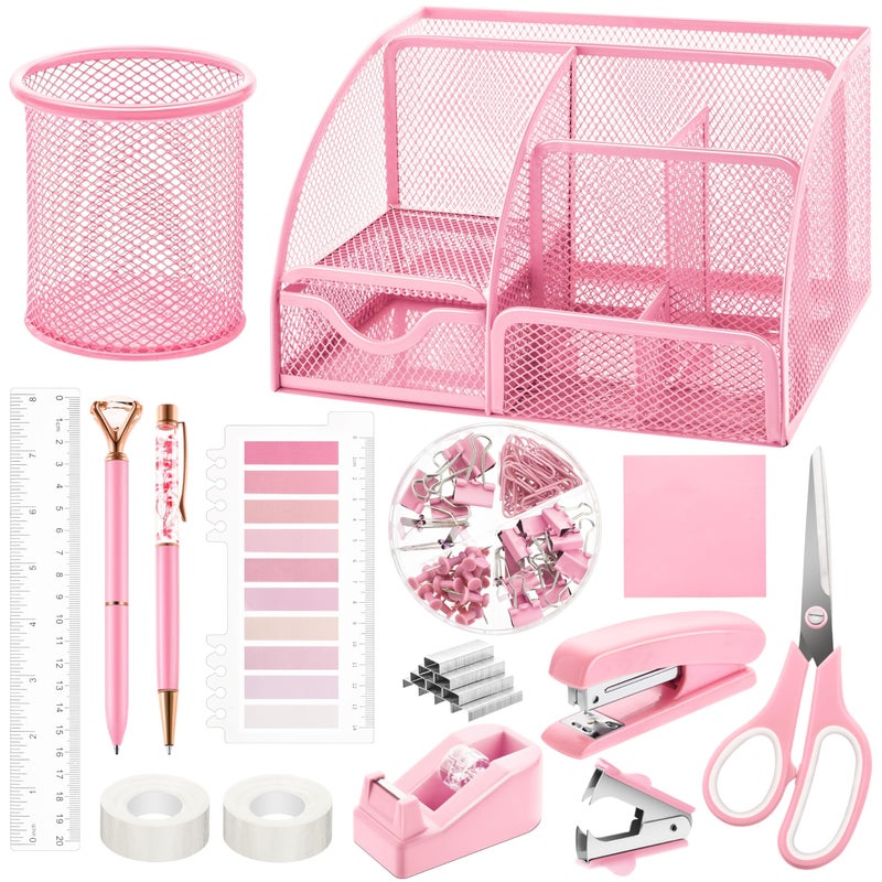11 Pcs Pink Office Supplies Set Mesh Desk Organizer Accessories Kit Include Stapler Tape Dispenser Staple Remover Clips Ruler Scissors Sticky Notes for Office School Home Women Pink