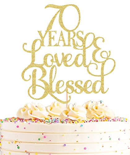 AHAORAY 70 Years Loved Cake Topper Gold Glitter 70th Birthday Cake Decorating Supplies Perfect for Wedding Anniversary or Birthday Party Decorations Photo Booth Props - Image 1