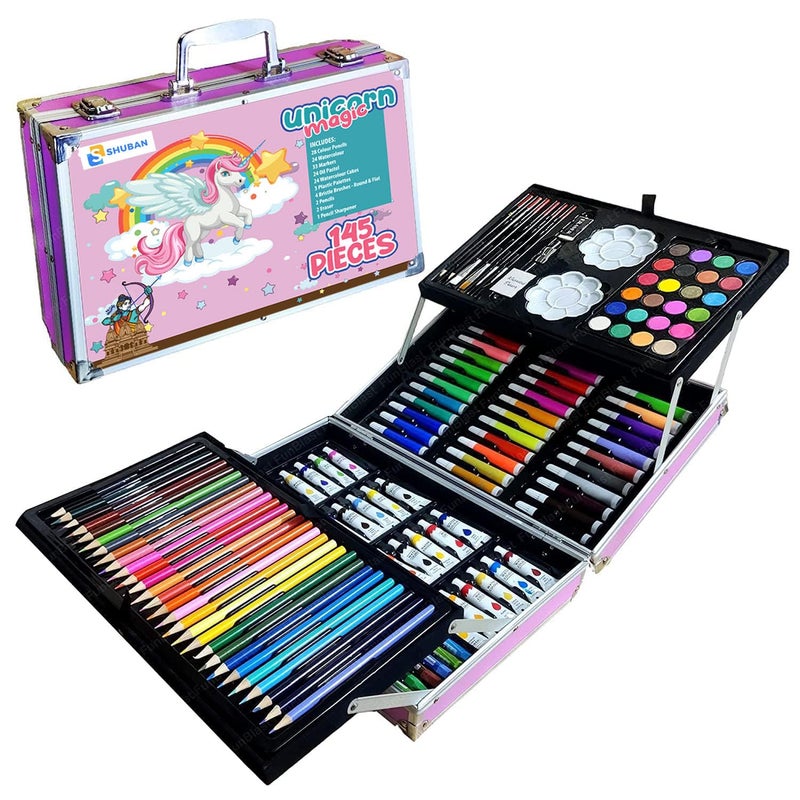 Shuban Deluxe Art Set Box & Drawing Kit with Crayons, Oil Pastels, Colored Pencil Deluxe Gift Art (145 Pcs Art Set-Pink) - Image 1