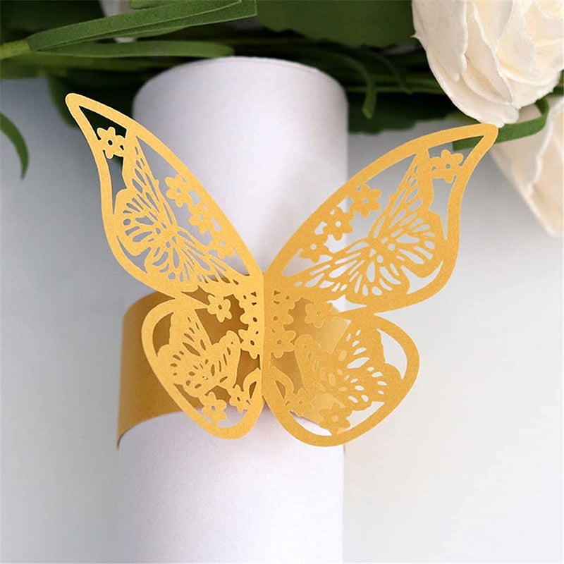 Lavandi Lavandi 100pcs 3D New Butterfly Paper Napkin Rings Weddings Party Serviette Table Decoration Restaurant Gold 