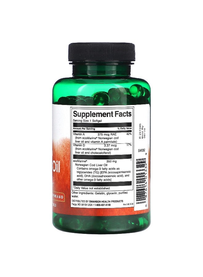 Swanson, Norwegian Cod Liver Oil, 350 mg, 250 Softgels (Packaging may vary) - Image 2