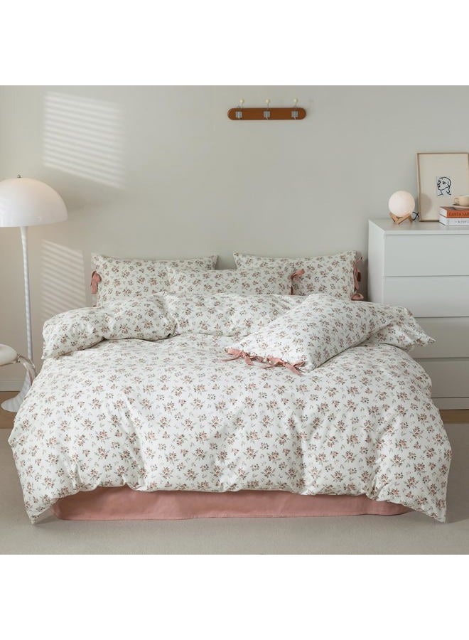 mixinni Vintage Style Girls Pale Pink Flower Pattern Duvet Cover Twin Soft Aesthetic Floral Cotton Bedding Set 1 Duvet Cover with 2 Bow Tie Pillowcases for Women-Twin Size - Image 2