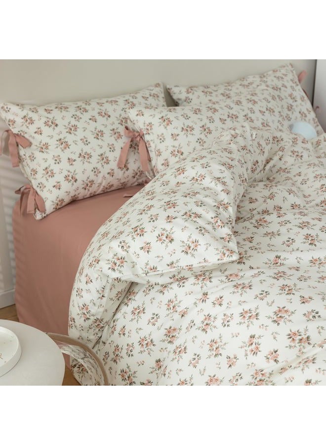 mixinni Vintage Style Girls Pale Pink Flower Pattern Duvet Cover Twin Soft Aesthetic Floral Cotton Bedding Set 1 Duvet Cover with 2 Bow Tie Pillowcases for Women-Twin Size - Image 1
