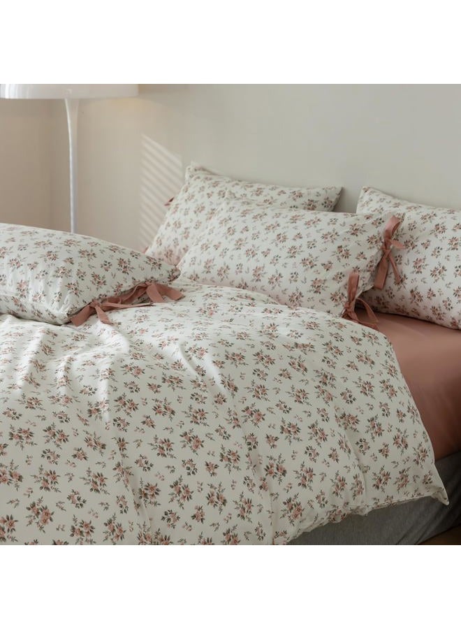 mixinni Vintage Style Girls Pale Pink Flower Pattern Duvet Cover Twin Soft Aesthetic Floral Cotton Bedding Set 1 Duvet Cover with 2 Bow Tie Pillowcases for Women-Twin Size - Image 5