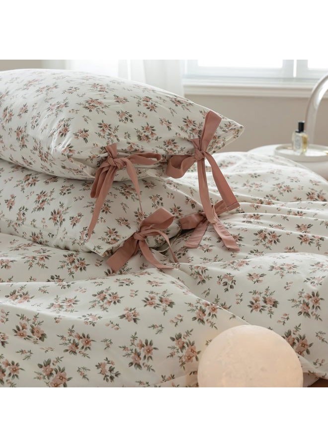 mixinni Vintage Style Girls Pale Pink Flower Pattern Duvet Cover Twin Soft Aesthetic Floral Cotton Bedding Set 1 Duvet Cover with 2 Bow Tie Pillowcases for Women-Twin Size - Image 3