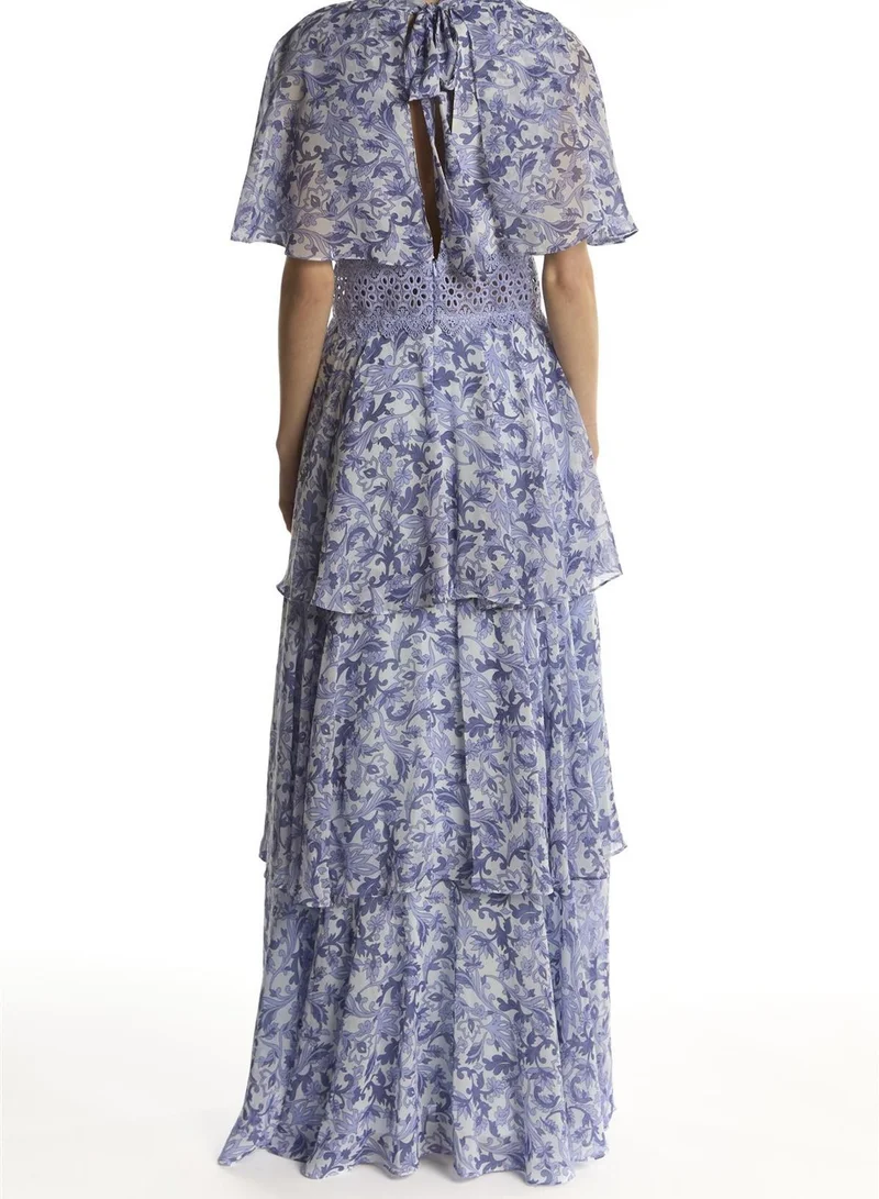 ترو ديكادينس Blue Folk Floral Ruffle Trim Maxi-Dress