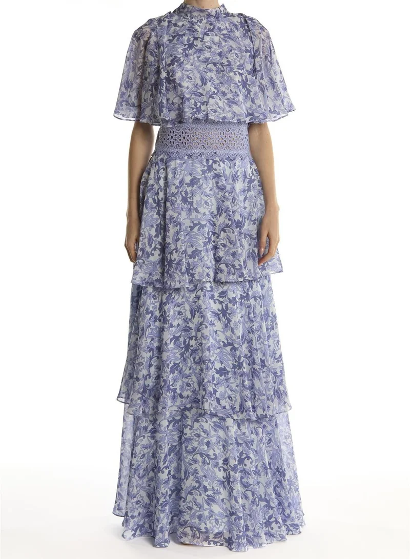 ترو ديكادينس Blue Folk Floral Ruffle Trim Maxi-Dress