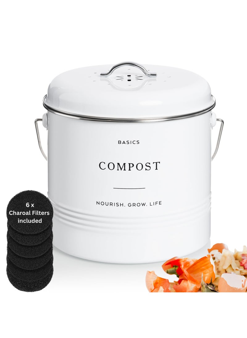 D'Lifeful DLifeful Kitchen Compost Bin  13 Gallon Countertop Farmhouse Compost Container with Lid  Odorless Indoor Food Scrap Pail with 6 Charcoal Filters  EcoConscious and Easy to Clean  White 