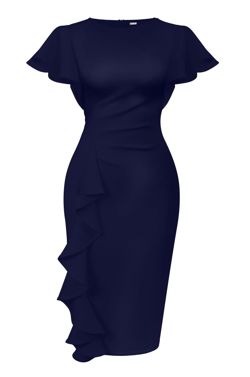 Memoriesea Women's Vintage Church Ruffle Sleeve Ruched Bodycon Work Midi Pencil Dress Navy Blue - Image 1