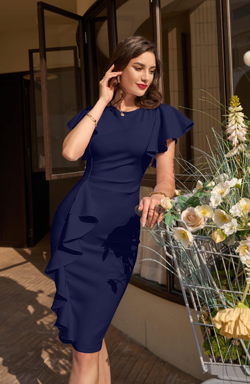 Memoriesea Women's Vintage Church Ruffle Sleeve Ruched Bodycon Work Midi Pencil Dress Navy Blue - Image 4