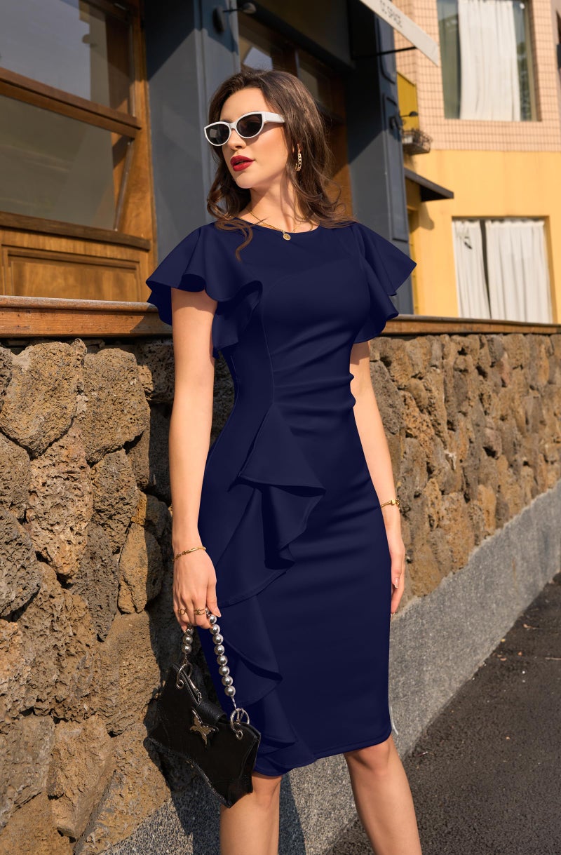 Memoriesea Women's Vintage Church Ruffle Sleeve Ruched Bodycon Work Midi Pencil Dress Navy Blue - Image 2