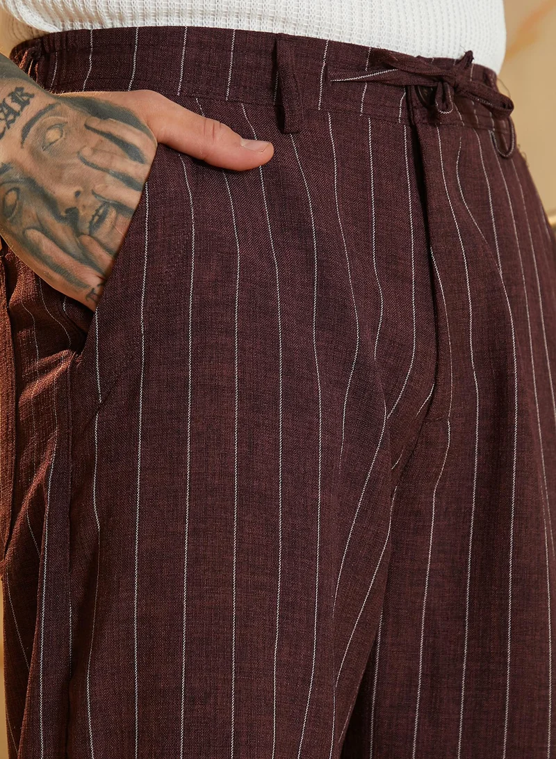 Campus Sutra Men's Chocolate Brown Pinstriped Chino Trousers