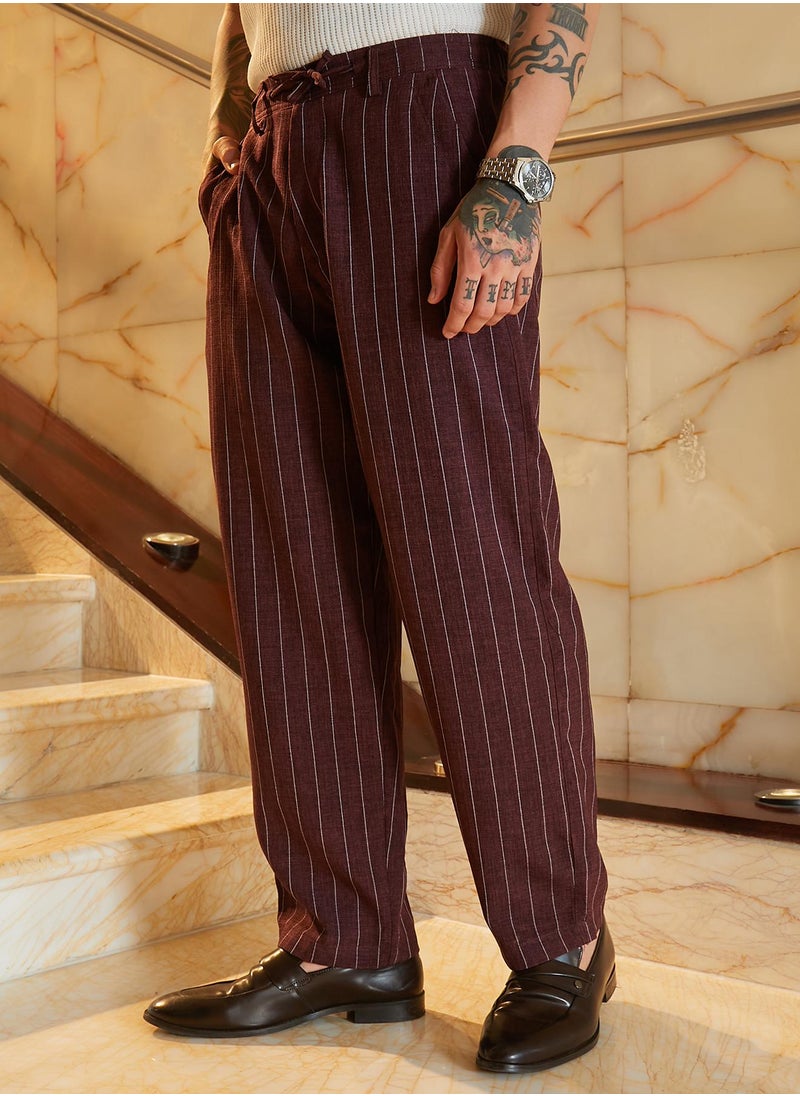 Campus Sutra Men's Chocolate Brown Pinstriped Chino Trousers  - Image 3