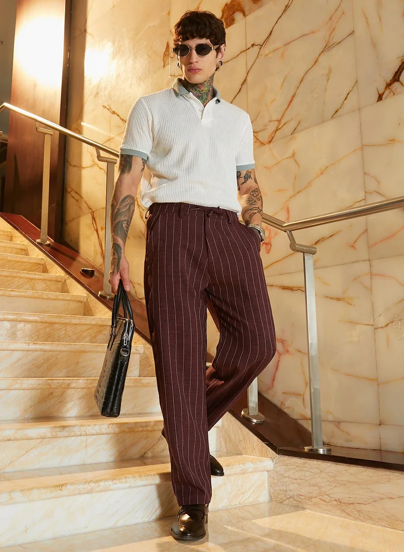 Campus Sutra Men's Chocolate Brown Pinstriped Chino Trousers