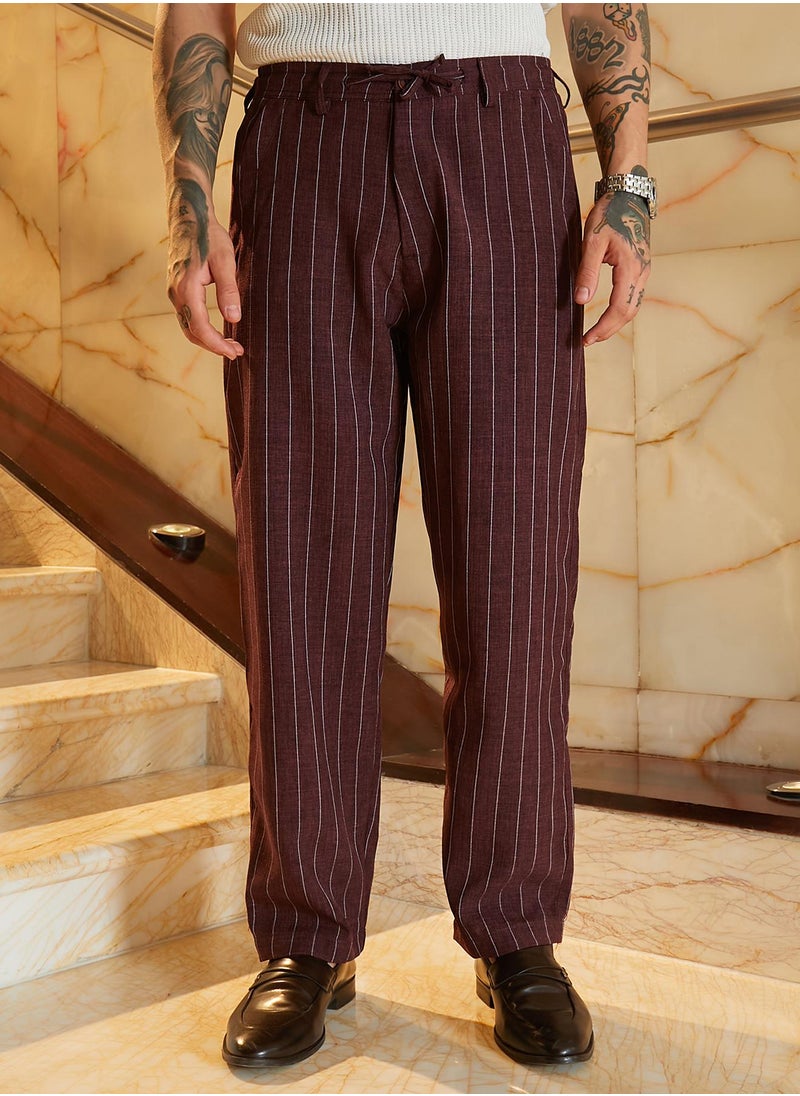 Campus Sutra Men's Chocolate Brown Pinstriped Chino Trousers  - Image 2