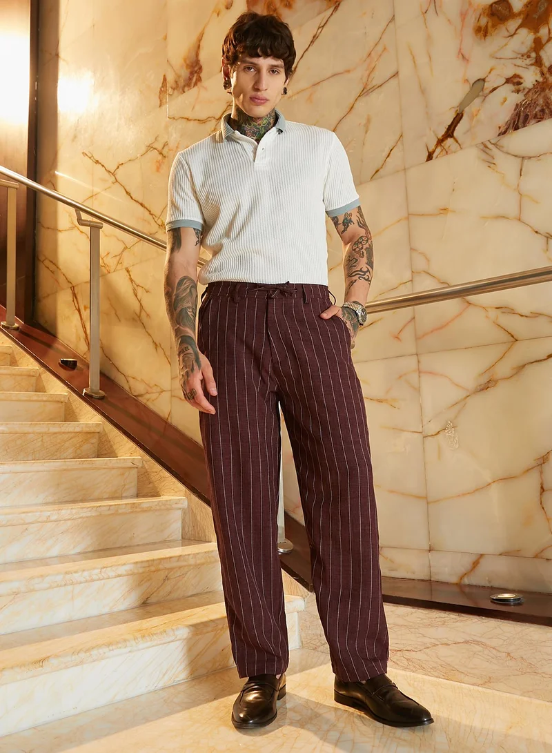 Campus Sutra Men's Chocolate Brown Pinstriped Chino Trousers