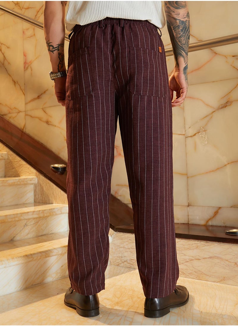 Campus Sutra Men's Chocolate Brown Pinstriped Chino Trousers  - Image 5