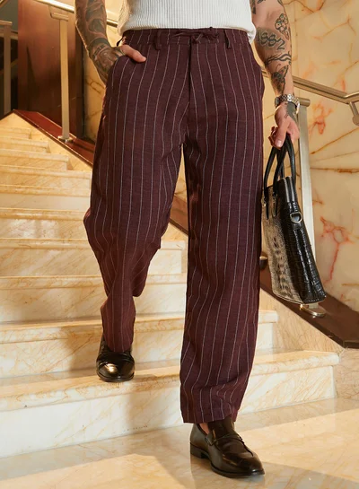 Campus Sutra Men's Chocolate Brown Pinstriped Chino Trousers