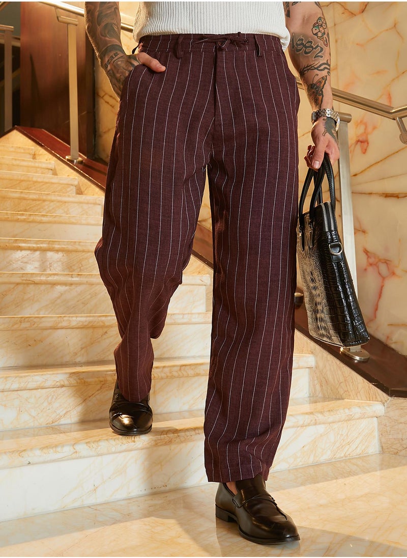 Campus Sutra Men's Chocolate Brown Pinstriped Chino Trousers  - Image 1