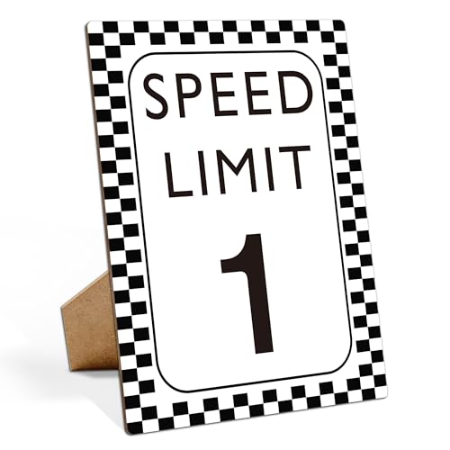 Muruseni Race Car Birthday Decor, Speed Limit 1 Sign, Fast One, Race Car Birthday Party Decorations, 8×11 Wooden Play Sign with Stand, Let's Go Racing Party Supplies for Boy Race Fans - SL1 - Image 1