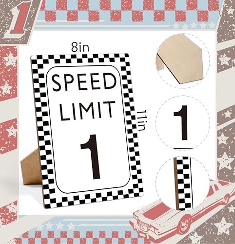 Muruseni Race Car Birthday Decor, Speed Limit 1 Sign, Fast One, Race Car Birthday Party Decorations, 8×11 Wooden Play Sign with Stand, Let's Go Racing Party Supplies for Boy Race Fans - SL1 - Image 2