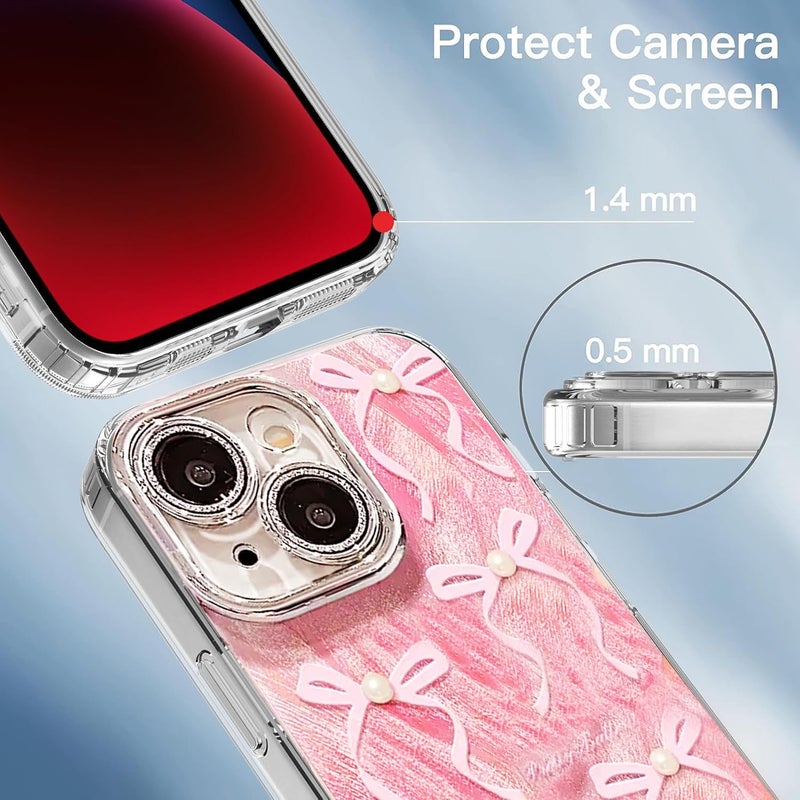VONZEE Compatible with iPhone 15 6.1'' Case Luxury Pink Girly Cute 3D Bow Pearl Glitter Bling Case with Full Camera Protection Shockproof Case PC+TPU Glossy Shiny Cover for Girls Women, Pink - Image 3