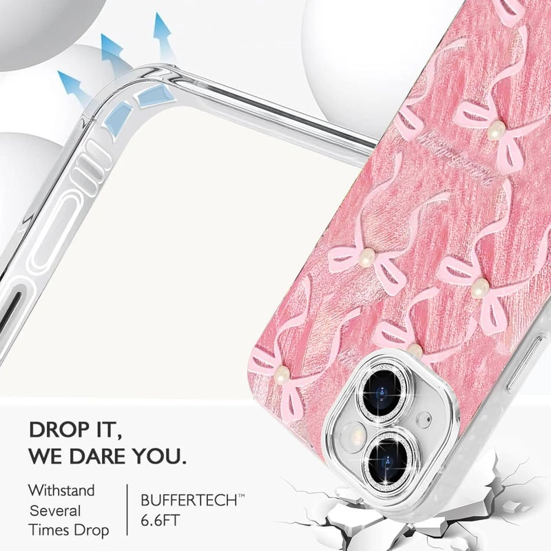 VONZEE Compatible with iPhone 15 6.1'' Case Luxury Pink Girly Cute 3D Bow Pearl Glitter Bling Case with Full Camera Protection Shockproof Case PC+TPU Glossy Shiny Cover for Girls Women, Pink - Image 4