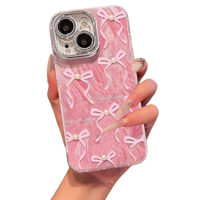 VONZEE Compatible with iPhone 15 6.1'' Case Luxury Pink Girly Cute 3D Bow Pearl Glitter Bling Case with Full Camera Protection Shockproof Case PC+TPU Glossy Shiny Cover for Girls Women, Pink - Image 1