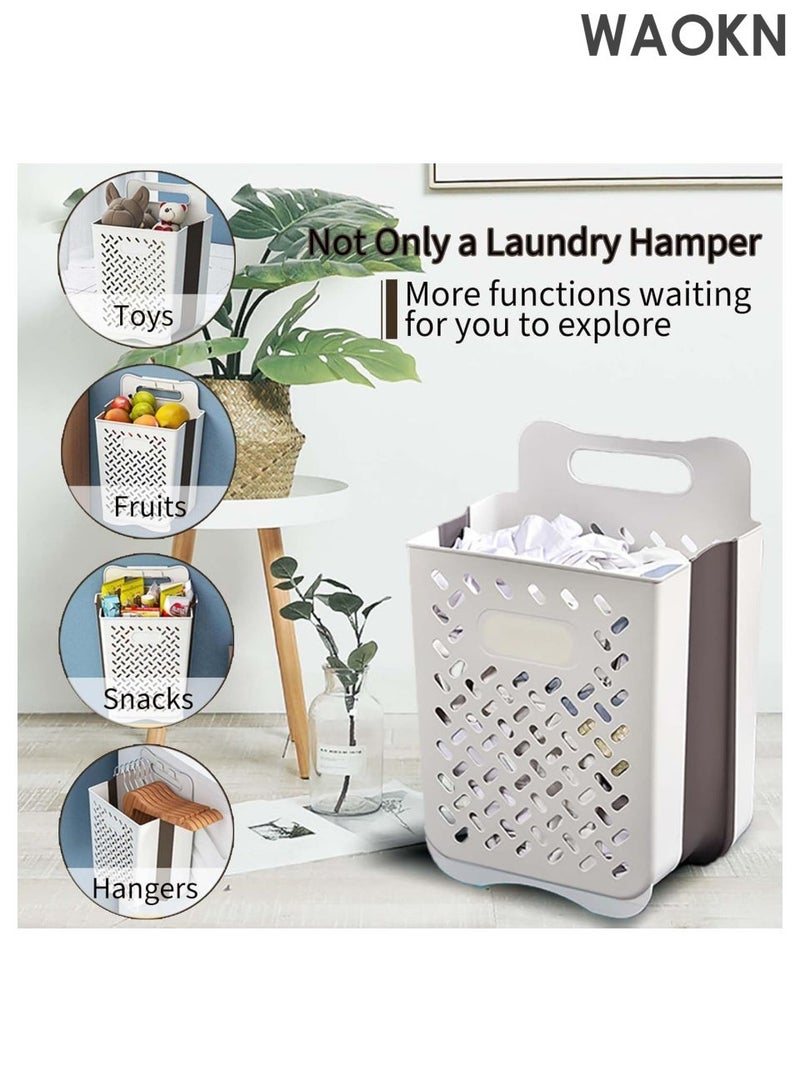 دبليو أيه أو كي أن سلة غسيل بلاستيكية قابلة للطي مع مقبض، سلة غسيل مثبتة على الحائط موفرة للمساحة، سلة غسيل بلاستيكية متينة عالية الطي، حقيبة تخزين للملابس المتسخة مقاومة للماء XL+L - Image 1