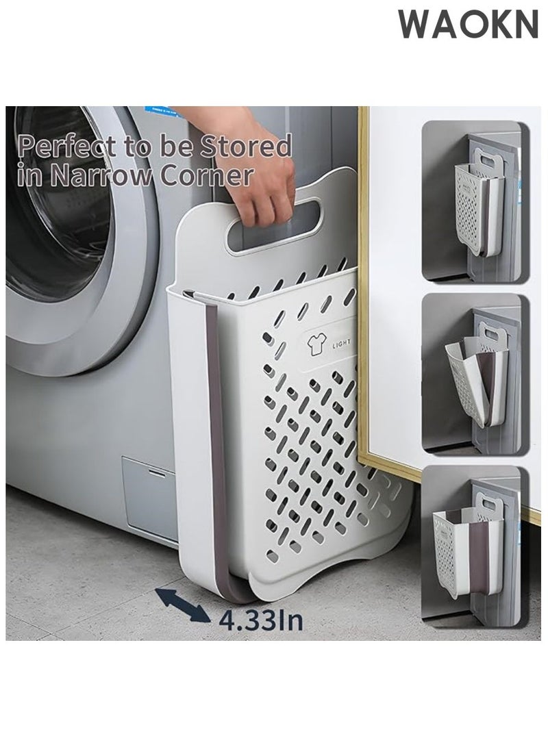 دبليو أيه أو كي أن سلة غسيل بلاستيكية قابلة للطي مع مقبض، سلة غسيل مثبتة على الحائط موفرة للمساحة، سلة غسيل بلاستيكية متينة عالية الطي، حقيبة تخزين للملابس المتسخة مقاومة للماء XL+L - Image 4