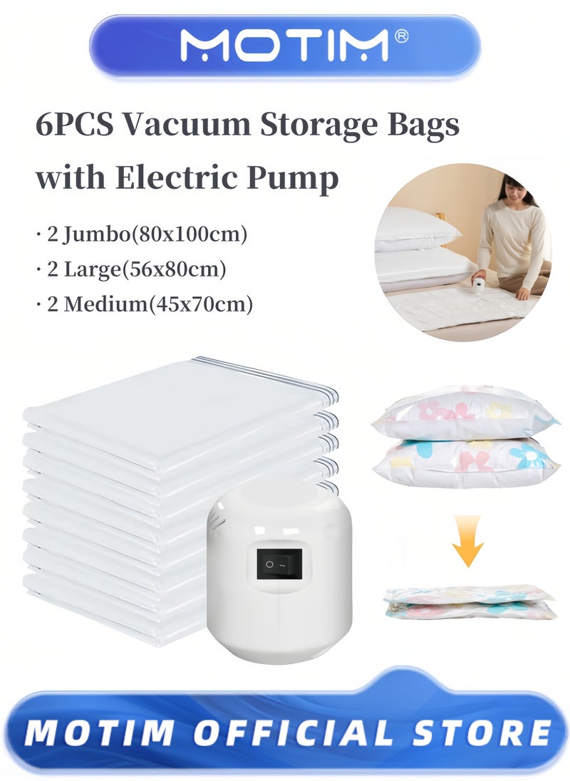 Motim - Vacuum Storage Bags with Electric Pump 6 Pack Reusable Compression Bags Space Saver Bags for Packing Clothes Mattress Bedding Travel - Image 1