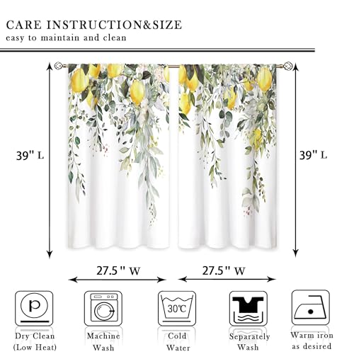 oolygoo Eucalyptus Botanical Leaves Yellow Lemon Kitchen Window Curtains Herb Plant Floral Fruit Small Window Treatment Sage Green Cafe Short Curtains for Bathroom Treatment Tier Drapes 27.9x39 inch - Image 2