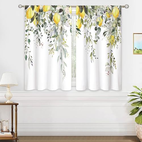 oolygoo Eucalyptus Botanical Leaves Yellow Lemon Kitchen Window Curtains Herb Plant Floral Fruit Small Window Treatment Sage Green Cafe Short Curtains for Bathroom Treatment Tier Drapes 27.9x39 inch - Image 4