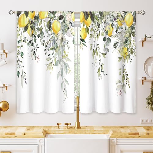 oolygoo Eucalyptus Botanical Leaves Yellow Lemon Kitchen Window Curtains Herb Plant Floral Fruit Small Window Treatment Sage Green Cafe Short Curtains for Bathroom Treatment Tier Drapes 27.9x39 inch - Image 1