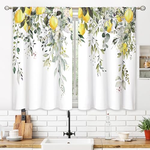 oolygoo Eucalyptus Botanical Leaves Yellow Lemon Kitchen Window Curtains Herb Plant Floral Fruit Small Window Treatment Sage Green Cafe Short Curtains for Bathroom Treatment Tier Drapes 27.9x39 inch - Image 3